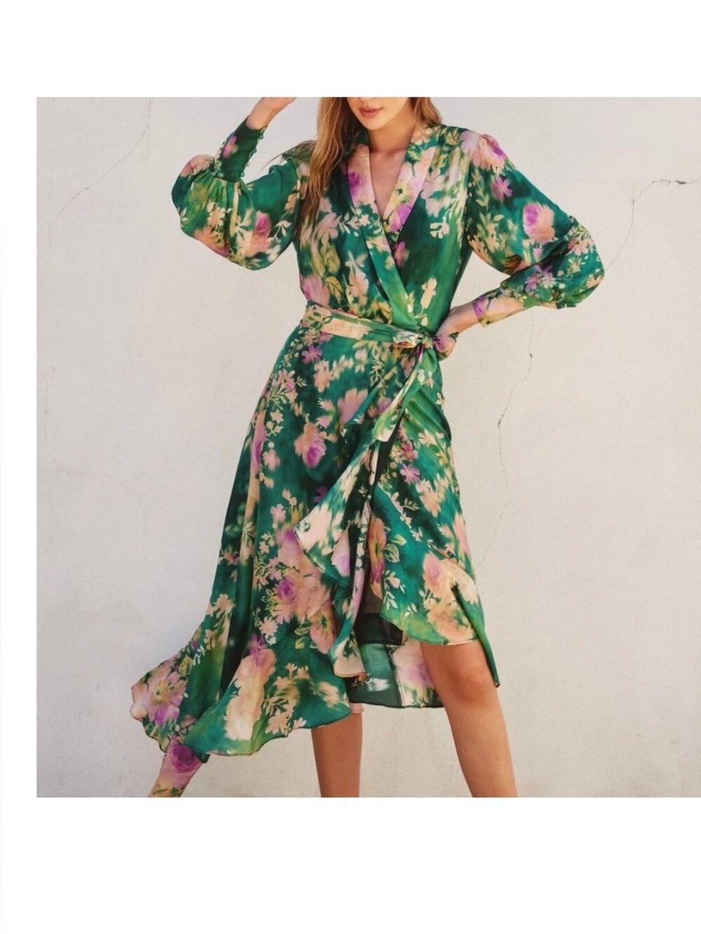 Dress Forum Green Floral Wrap Midi Dress - Elegant Tie Waist
